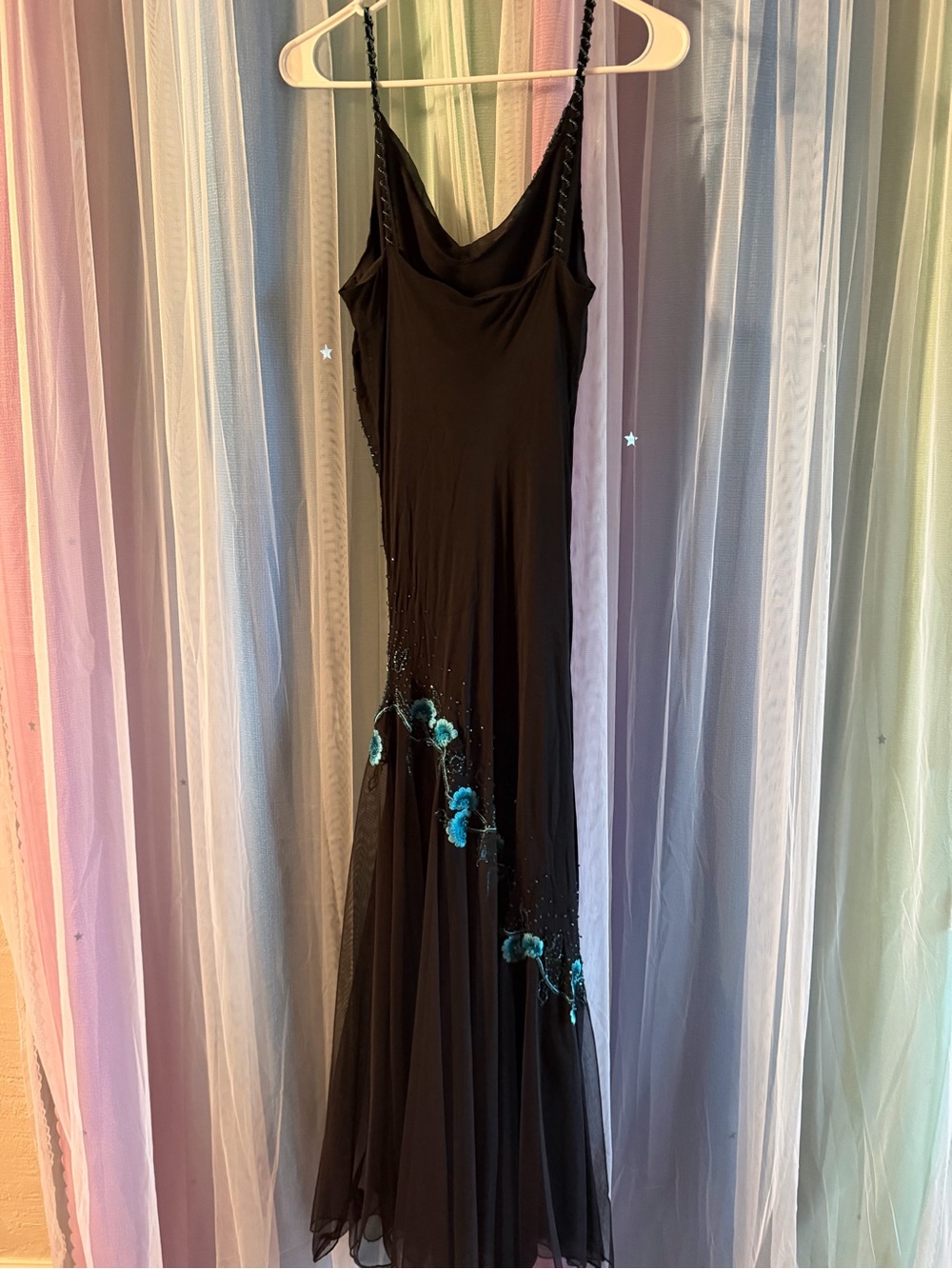 Vintage Black Slip Dress with Teal Floral Embroidery - Picture 2 of 2